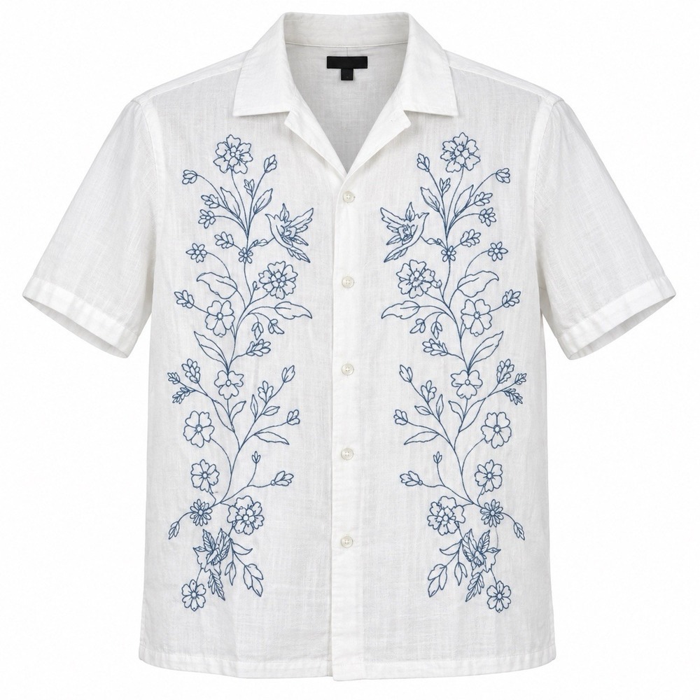 Express Medium White Cotton Embroidered Bird Floral Button Short Sleeve Shirt